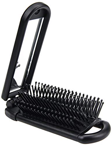 Ancable - Cepillo plegable para el pelo con espejo, tamaño compacto para viaje, coche, gimnasio, bolso, color negro.