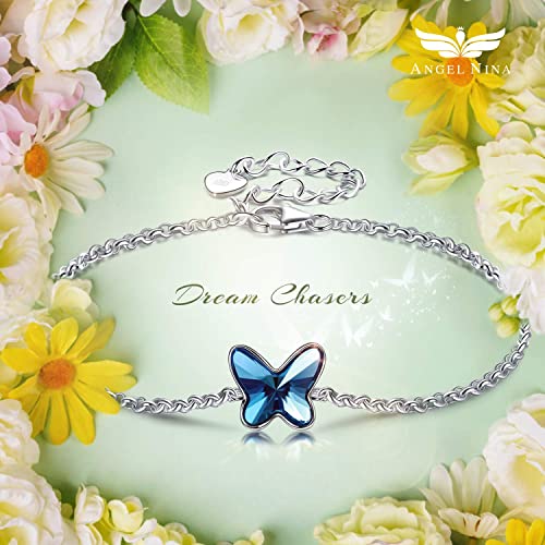 ANGEL NINA Pulsera Mujer Plata Pulseras Mariposa Azul Pulsera Plata de Ley 925 Pulsera Niña Comunion Regalo para Navidad San Valentín Cumpleaños Mejor Amigo
