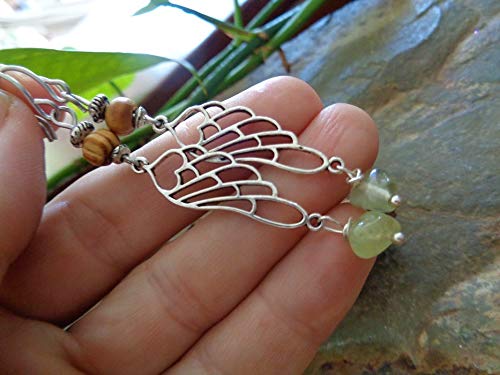 ✿ ANGEL WINGS - GREEN STONE & ROOTWOOD ✿ aretes únicos en colores naturales, plata, verde y marrón