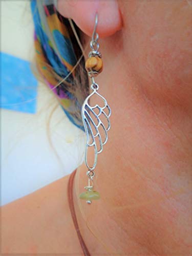 ✿ ANGEL WINGS - GREEN STONE & ROOTWOOD ✿ aretes únicos en colores naturales, plata, verde y marrón