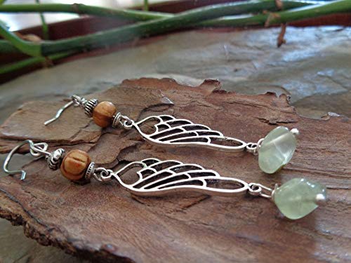 ✿ ANGEL WINGS - GREEN STONE & ROOTWOOD ✿ aretes únicos en colores naturales, plata, verde y marrón