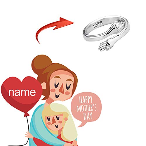 Anillo de abrazo personalizado, anillo de plata de ley 925 con nombre grabado, anillo abierto ajustable, pareja abrazándose, manos, anillo de dedo para mujer, mamá, día de la madre, cumpleaños
