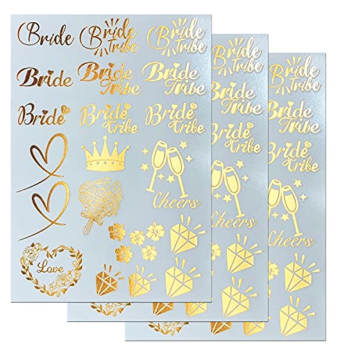 AniSqui Hen Party Tattoos Gold, (3 Hojas Hen Do Tattoos), Bride Tattoos Hen Party by