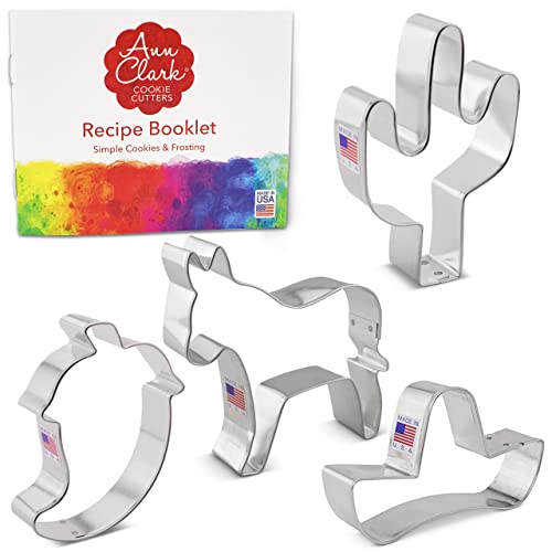 Ann Clark Cookie Cutters Juego de 4 cortadores de galletas Cinco de Mayo con libro de recetas, burro, cactus, sombrero mexicano y guindilla - Acero fabricado en EE. UU.