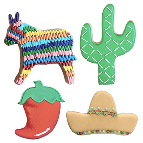 Ann Clark Cookie Cutters Juego de 4 cortadores de galletas Cinco de Mayo con libro de recetas, burro, cactus, sombrero mexicano y guindilla - Acero fabricado en EE. UU.