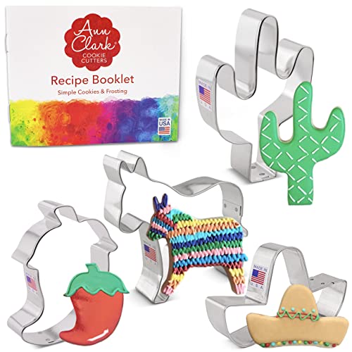 Ann Clark Cookie Cutters Juego de 4 cortadores de galletas Cinco de Mayo con libro de recetas, burro, cactus, sombrero mexicano y guindilla - Acero fabricado en EE. UU.