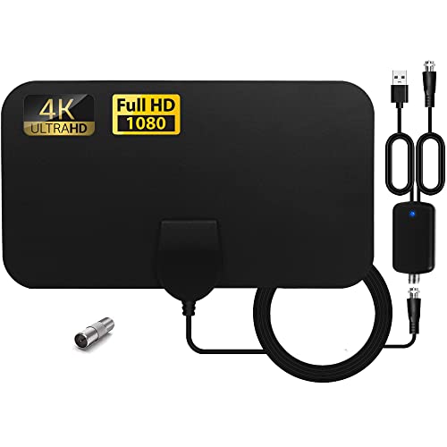 Antena TV Interior, Ultra Plana Antena TV，Antena de TV HD Digital Interior con Amplificador de señal, Alcance de hasta 80KM, 4K 1080P HD VHF UHF Compatible con Canales Locales.