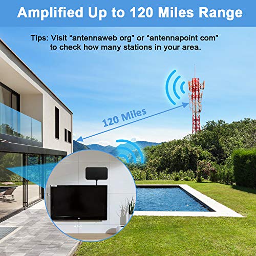Antena TV Interior, Ultra Plana Antena TV，Antena de TV HD Digital Interior con Amplificador de señal, Alcance de hasta 80KM, 4K 1080P HD VHF UHF Compatible con Canales Locales.