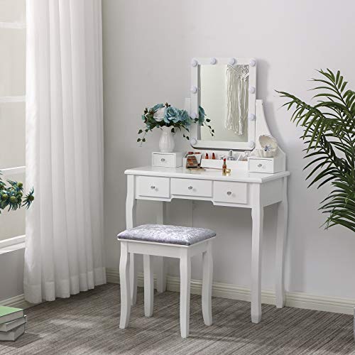 ANWBROAD Juego de Tocador 10 Bombillas Escritorio Grande de Maquillaje Blanco con Taburete Almohadillas Espejo sin Marco 5 cajones y 2 separadores Organizador Almacenamiento de Joyas para BDT04W