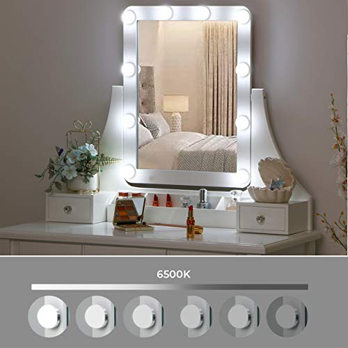 ANWBROAD Juego de Tocador 10 Bombillas Escritorio Grande de Maquillaje Blanco con Taburete Almohadillas Espejo sin Marco 5 cajones y 2 separadores Organizador Almacenamiento de Joyas para BDT04W