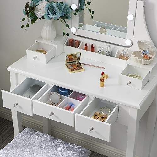 ANWBROAD Juego de Tocador 10 Bombillas Escritorio Grande de Maquillaje Blanco con Taburete Almohadillas Espejo sin Marco 5 cajones y 2 separadores Organizador Almacenamiento de Joyas para BDT04W