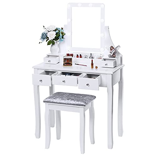ANWBROAD Juego de Tocador 10 Bombillas Escritorio Grande de Maquillaje Blanco con Taburete Almohadillas Espejo sin Marco 5 cajones y 2 separadores Organizador Almacenamiento de Joyas para BDT04W