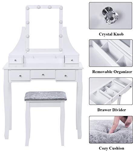 ANWBROAD Juego de Tocador 10 Bombillas Escritorio Grande de Maquillaje Blanco con Taburete Almohadillas Espejo sin Marco 5 cajones y 2 separadores Organizador Almacenamiento de Joyas para BDT04W