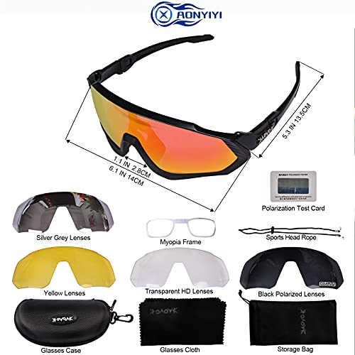 AONYIYI Gafas de Ciclismo Polarizadas Gafas de Bicicleta Fotocromáticas Hombre Mujere Gafas De Sol Deportivas 5 Lentes Intercambiables UV400 Montura TR90 Irrompible Con Marco de Miopía para Moto MTB