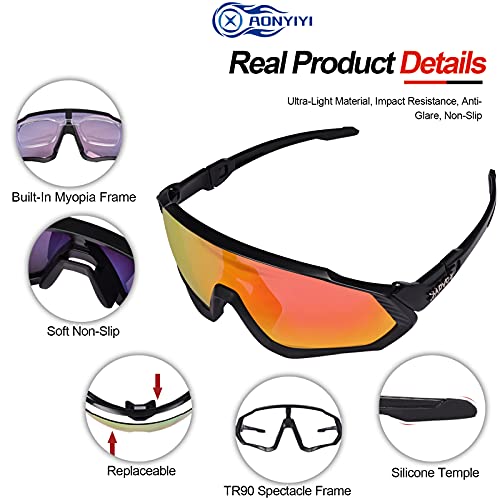 AONYIYI Gafas de Ciclismo Polarizadas Gafas de Bicicleta Fotocromáticas Hombre Mujere Gafas De Sol Deportivas 5 Lentes Intercambiables UV400 Montura TR90 Irrompible Con Marco de Miopía para Moto MTB