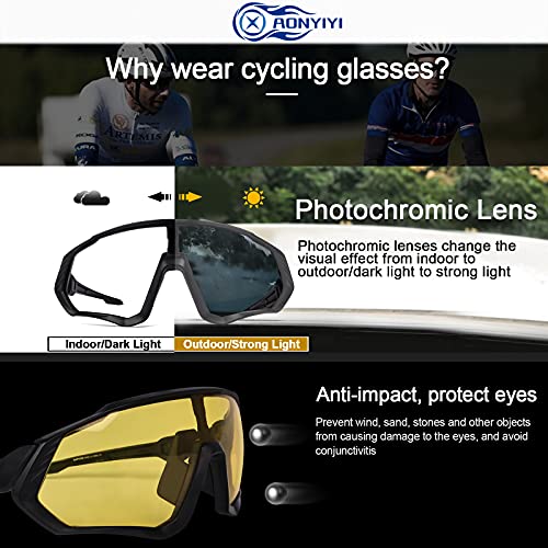 AONYIYI Gafas de Ciclismo Polarizadas Gafas de Bicicleta Fotocromáticas Hombre Mujere Gafas De Sol Deportivas 5 Lentes Intercambiables UV400 Montura TR90 Irrompible Con Marco de Miopía para Moto MTB