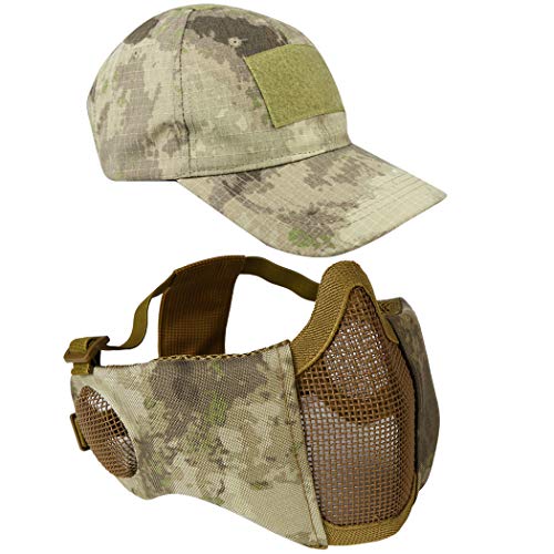AOUTACC Máscara de malla Airsoft con protección auditiva y gorra de béisbol ajustable para CS/Caza/Paintball/Tiro (AT)