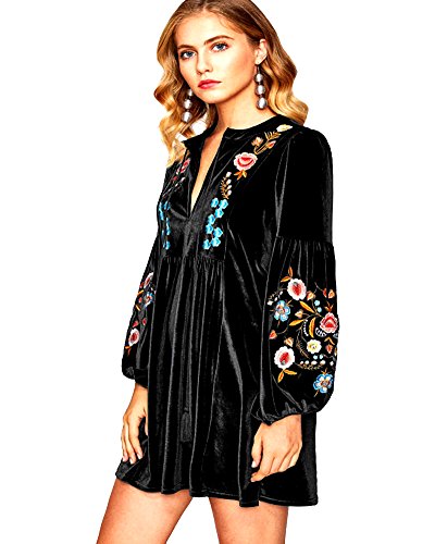 Aox Women Vintage Manga Larga Floral Bordado Una Línea De Terciopelo Suelto Vestido Corto Señora Fiesta Swing Falda Más Tamaño, Negro, 48