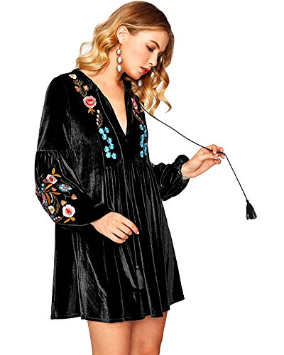 Aox Women Vintage Manga Larga Floral Bordado Una Línea De Terciopelo Suelto Vestido Corto Señora Fiesta Swing Falda Más Tamaño, Negro, 48
