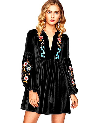 Aox Women Vintage Manga Larga Floral Bordado Una Línea De Terciopelo Suelto Vestido Corto Señora Fiesta Swing Falda Más Tamaño, Negro, 48