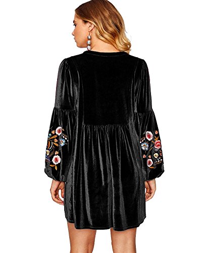 Aox Women Vintage Manga Larga Floral Bordado Una Línea De Terciopelo Suelto Vestido Corto Señora Fiesta Swing Falda Más Tamaño, Negro, 48