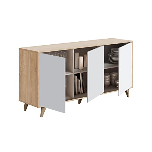 Aparador 3 Puertas, Bueffet para salón, Armario Auxiliar,  Modelo Kikua Plus, Acabado en Blanco Artik y Roble Canadian, Medidas: 154 cm (Ancho) x 75 cm (Alto) x 40 cm (Fondo)