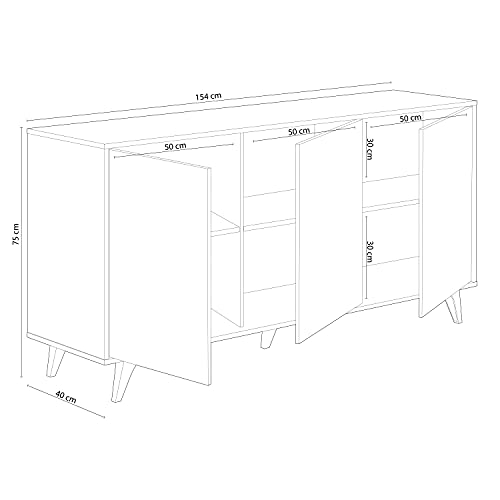 Aparador 3 Puertas, Bueffet para salón, Armario Auxiliar,  Modelo Kikua Plus, Acabado en Blanco Artik y Roble Canadian, Medidas: 154 cm (Ancho) x 75 cm (Alto) x 40 cm (Fondo)