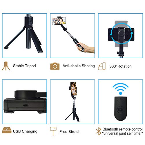 Apexel 1-Eje Plegable portátil Selfie Palo con Control inalámbrico de 10m, trípode antivibración, estabilizador de cardán de Equilibrio automático, Compatible para teléfonos Inteligentes iOS/Android.