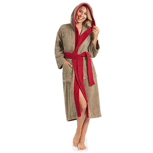 aqua-textil Sylt Albornoz Capucha Bicolor Largo Bolsillos de Parche Costuras Decorativas Señoras Caballeros Unisex 100% Algodón S Taupe/Burdeos