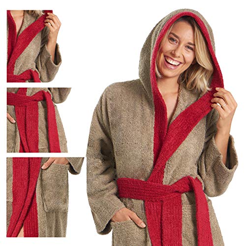 aqua-textil Sylt Albornoz Capucha Bicolor Largo Bolsillos de Parche Costuras Decorativas Señoras Caballeros Unisex 100% Algodón S Taupe/Burdeos