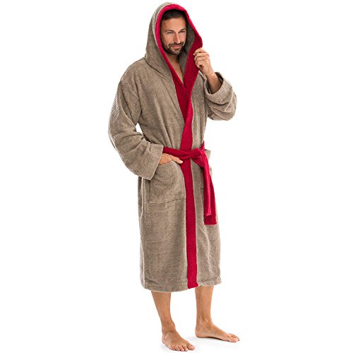 aqua-textil Sylt Albornoz Capucha Bicolor Largo Bolsillos de Parche Costuras Decorativas Señoras Caballeros Unisex 100% Algodón S Taupe/Burdeos