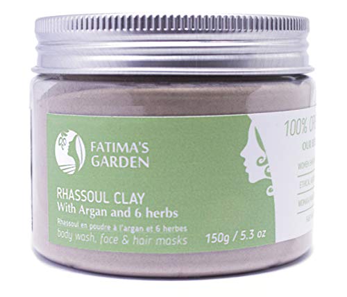 Arcilla Rhassoul de Fatima’s Garden, arcilla marroquí 100% natural para rostro, cabello, y hammam, enriquecida con aceite de argán y 6 hierbas, propiedades suavizantes y purificantes-150gr