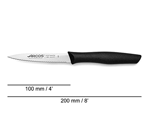 Arcos Serie Nova, Cuchillo Mondador, Hoja Serrada de Acero Inoxidable de 100 mm, Mango de Polipropileno Color Negro