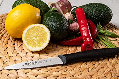 Arcos Serie Nova, Cuchillo Mondador, Hoja Serrada de Acero Inoxidable de 100 mm, Mango de Polipropileno Color Negro