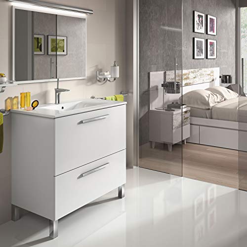ARKITMOBEL Mueble de Baño con 1 Puerta 1 Cajón y Espejo, Modulo Baño, Modelo Urban, Acabado en Blanco Brillo, Medidas: 80 cm (Ancho) x 80 cm (Alto) x 45 cm (Fondo)