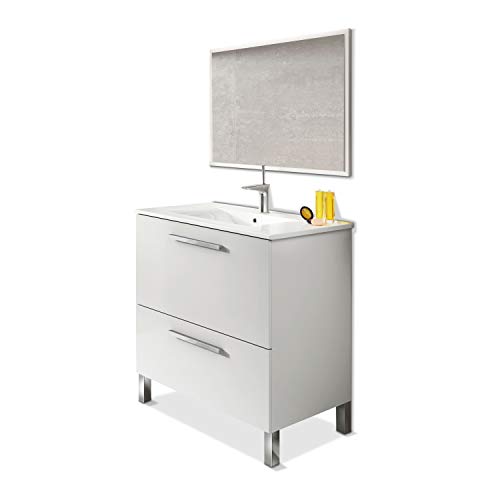 ARKITMOBEL Mueble de Baño con 1 Puerta 1 Cajón y Espejo, Modulo Baño, Modelo Urban, Acabado en Blanco Brillo, Medidas: 80 cm (Ancho) x 80 cm (Alto) x 45 cm (Fondo)
