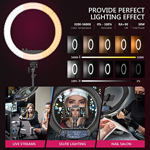 Art DNA 14 Pulgadas Luz Anillo con Soporte de Trípode Plegable y Tubo Suave para Transmisión en Vivo Maquillaje TikTok Youtube Video Disparo 30W Luz Anillo Regulable Bicolor Selfie CRI 90 3200K-5600K