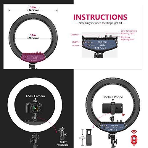 Art DNA 14 Pulgadas Luz Anillo con Soporte de Trípode Plegable y Tubo Suave para Transmisión en Vivo Maquillaje TikTok Youtube Video Disparo 30W Luz Anillo Regulable Bicolor Selfie CRI 90 3200K-5600K