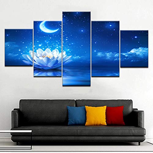 Arte de la pared de la lona Impresiones del cartel Imagen de la pared de la lona Cielo azul de la luna Flor de loto Pintura abstracta para la sala de estar Decoración del hogar Tamaño 1 con marco