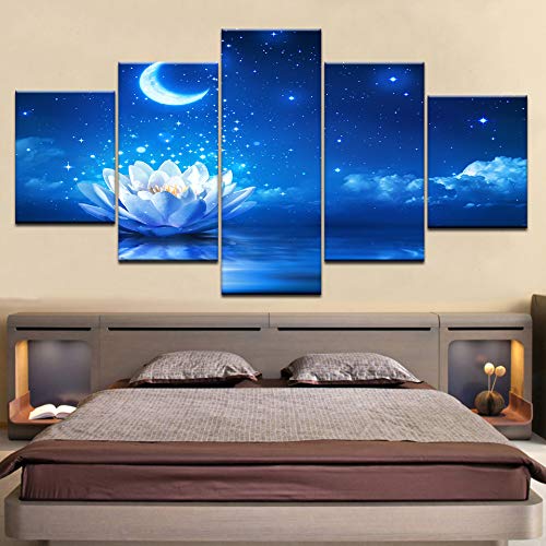 Arte de la pared de la lona Impresiones del cartel Imagen de la pared de la lona Cielo azul de la luna Flor de loto Pintura abstracta para la sala de estar Decoración del hogar Tamaño 1 con marco