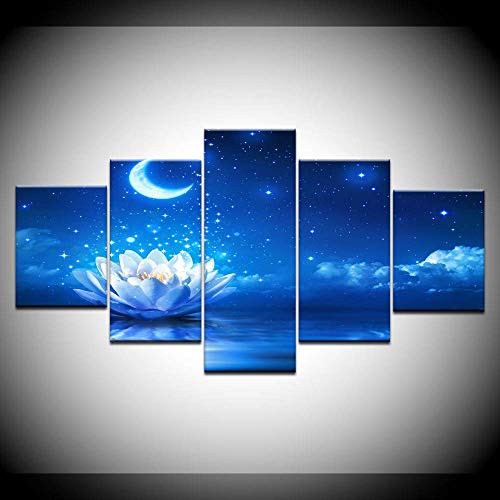Arte de la pared de la lona Impresiones del cartel Imagen de la pared de la lona Cielo azul de la luna Flor de loto Pintura abstracta para la sala de estar Decoración del hogar Tamaño 1 con marco