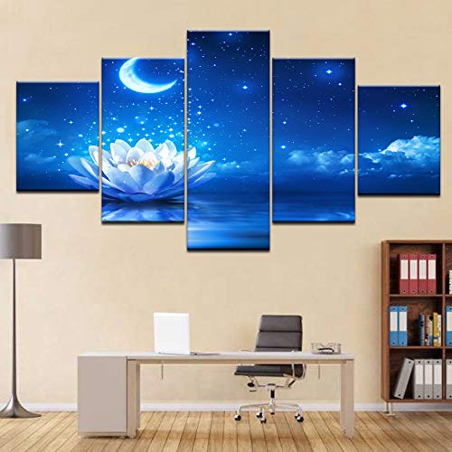 Arte de la pared de la lona Impresiones del cartel Imagen de la pared de la lona Cielo azul de la luna Flor de loto Pintura abstracta para la sala de estar Decoración del hogar Tamaño 1 con marco