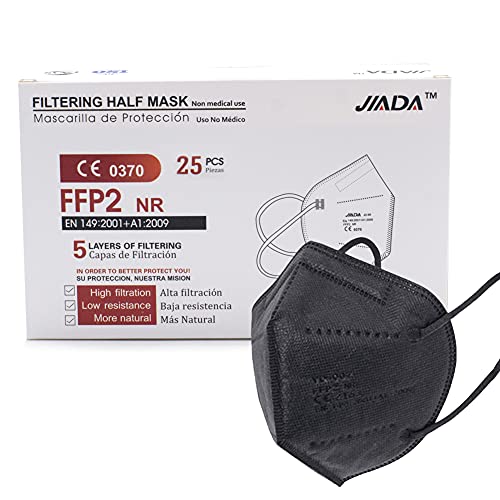 ASTORMEDIC Mascarillas FFP2 Jiada - Homologadas CE - para Adultos [25-50-100 uds] Mascarilla de Protección con 5 capas. Alta eficiencia filtración bacteriana. Envase Individual. Color Negro - 25 uds