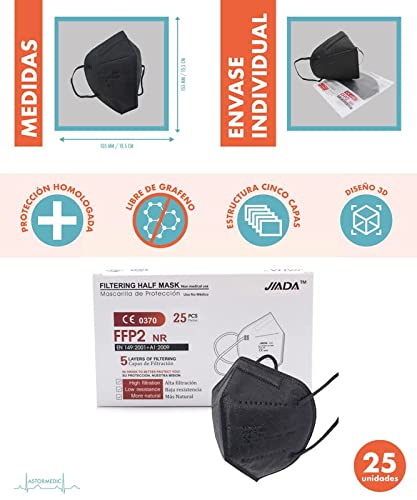 ASTORMEDIC Mascarillas FFP2 Jiada - Homologadas CE - para Adultos [25-50-100 uds] Mascarilla de Protección con 5 capas. Alta eficiencia filtración bacteriana. Envase Individual. Color Negro - 25 uds