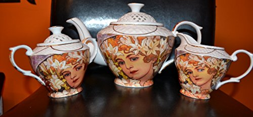 Atelier Harmony Alfons Mucha - Juego de café (3 piezas, porcelana), diseño de flores