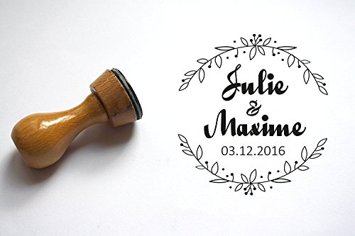 Atelier Mumu - Sello de boda personalizado, estilo campestre, diámetro 3 cm, diseño de corona de flores, fabricado a medida en Francia
