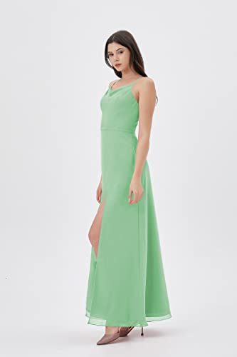 Atlxdres Cuello de Capucha Vestido Boda Mujer Ajustable Correas de Espagueti División Frontal Gasa Largo Vestido de Fiesta con Bolsillos Verde Menta
