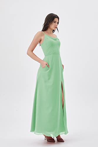 Atlxdres Cuello de Capucha Vestido Boda Mujer Ajustable Correas de Espagueti División Frontal Gasa Largo Vestido de Fiesta con Bolsillos Verde Menta