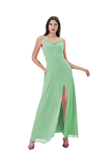 Atlxdres Cuello de Capucha Vestido Boda Mujer Ajustable Correas de Espagueti División Frontal Gasa Largo Vestido de Fiesta con Bolsillos Verde Menta
