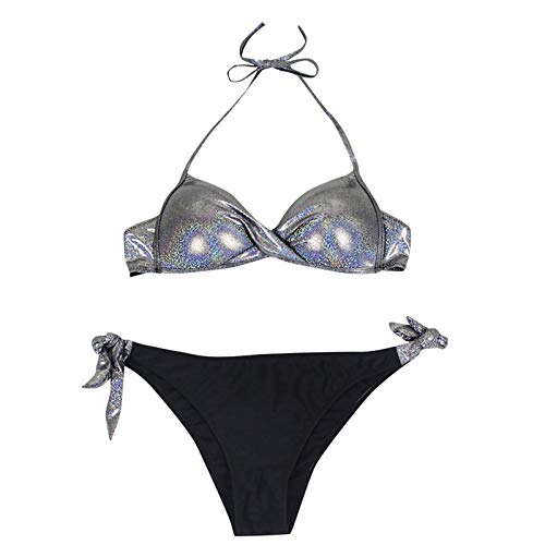 Auenix Bikini Push-up Sujetador acolchado triángulo Traje de baño mujer dos piezas color brillante bronceador bikini mujer playa cintura alta tanga, sexy playa verano Swimwear Swimsuit, plateado, L